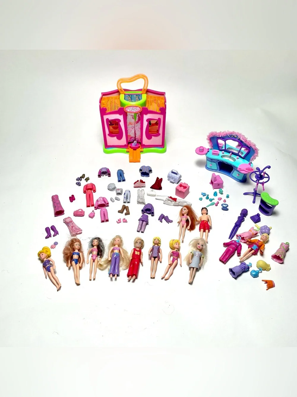 Vtg Early 2000’s Polly Pocket Lot-Dolls, Clothes, Dressing Room, Vanity Y2K